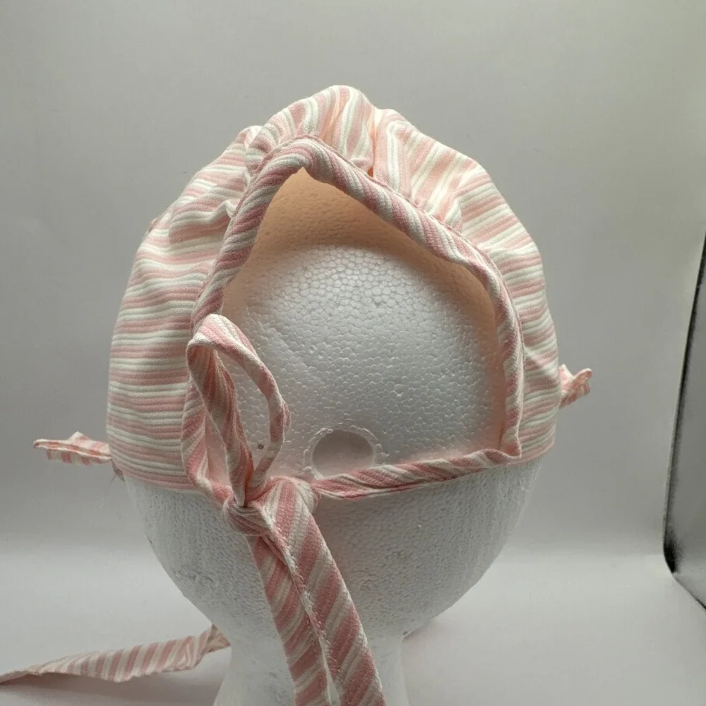 Vintage Baby Bonnet Pink White Cotton Stripe Adjustable Ribbon‎